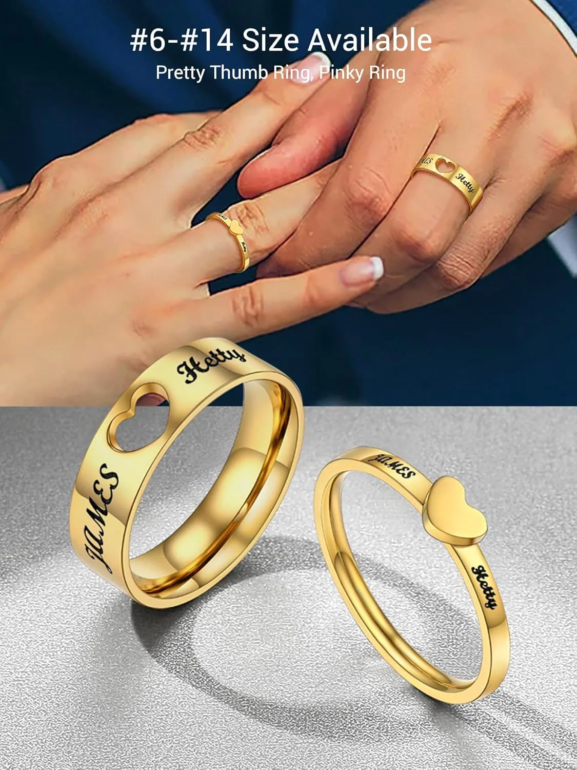 Custom Promise Rings for Couple, Gold Plated/Black Plated with 316L Stainless Steel Matching Rings, Engagement Wedding Bands for Him and Her, Come with Box