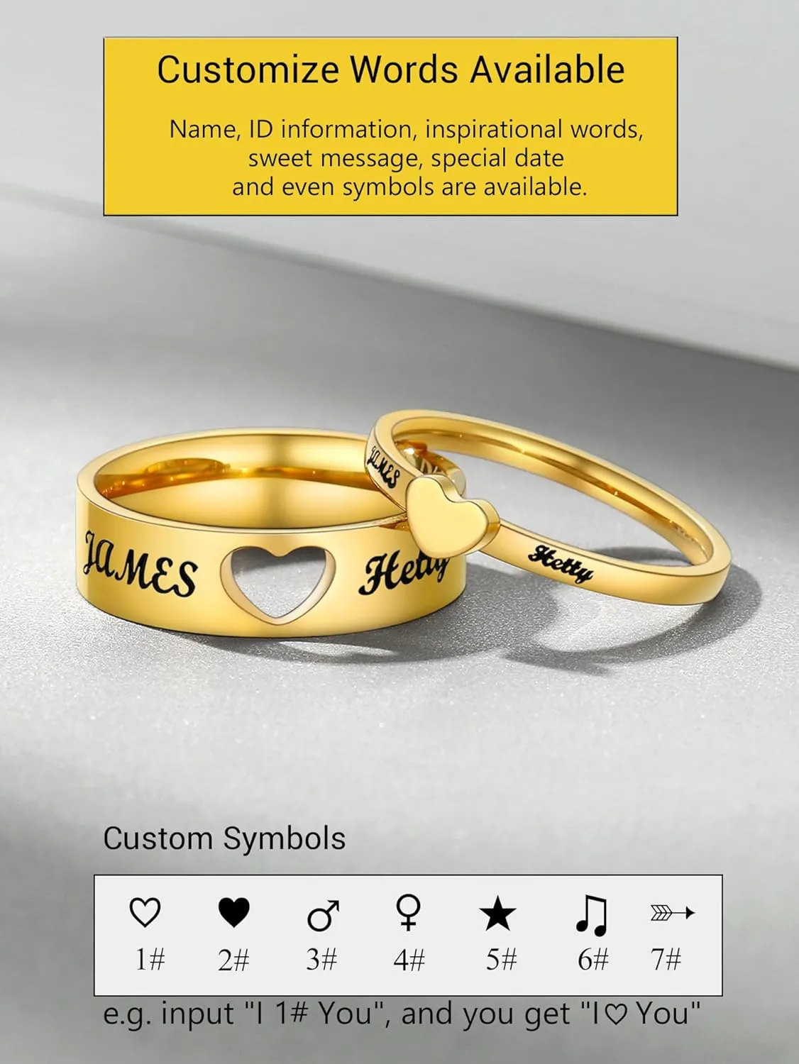 Custom Promise Rings for Couple, Gold Plated/Black Plated with 316L Stainless Steel Matching Rings, Engagement Wedding Bands for Him and Her, Come with Box