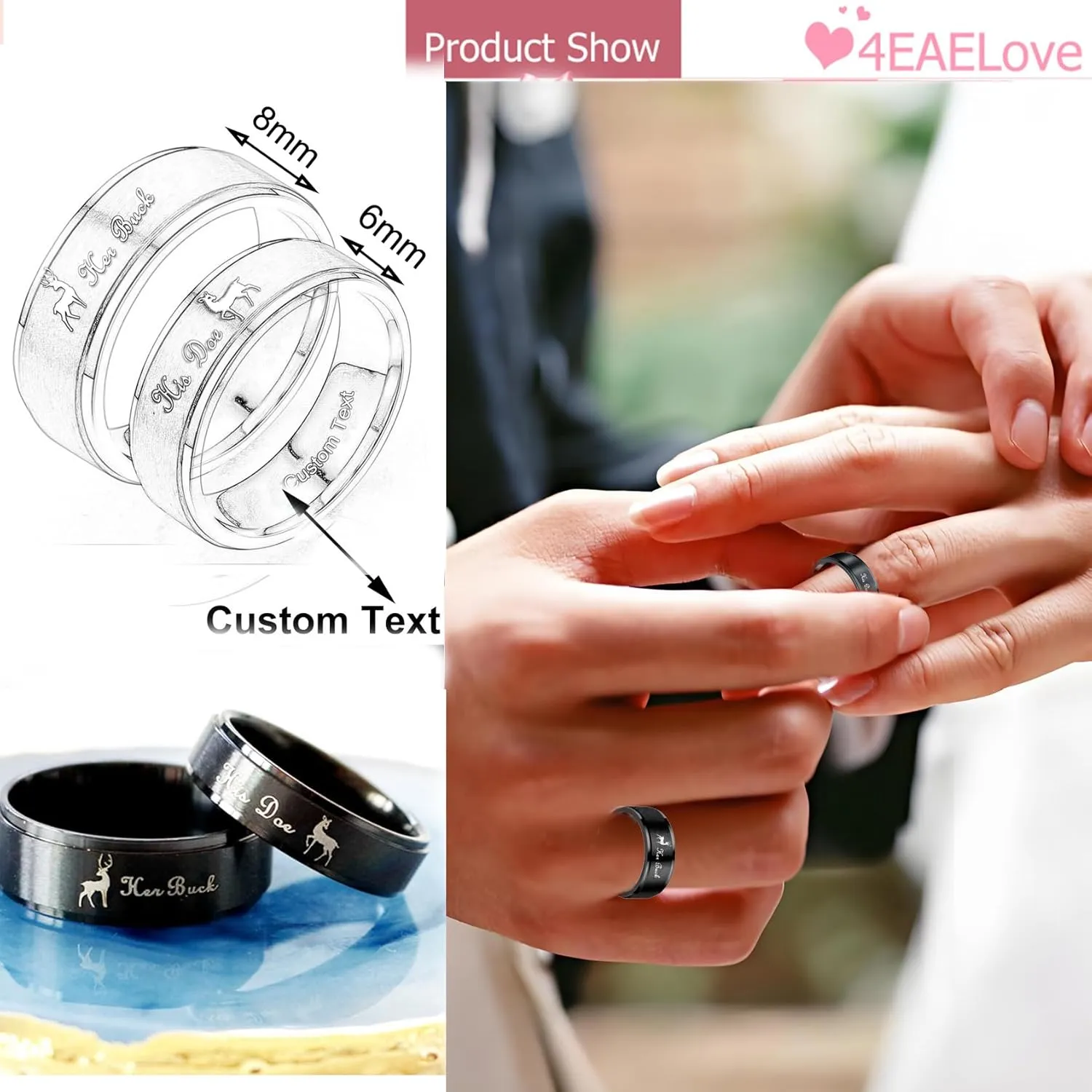 Customize Her Buck His Doe Elk Couples Rings Promise Ring Inside Can Engraved Band Rings Wedding Rings Titanium Stainless Steel 8mm 6mm 6-13#