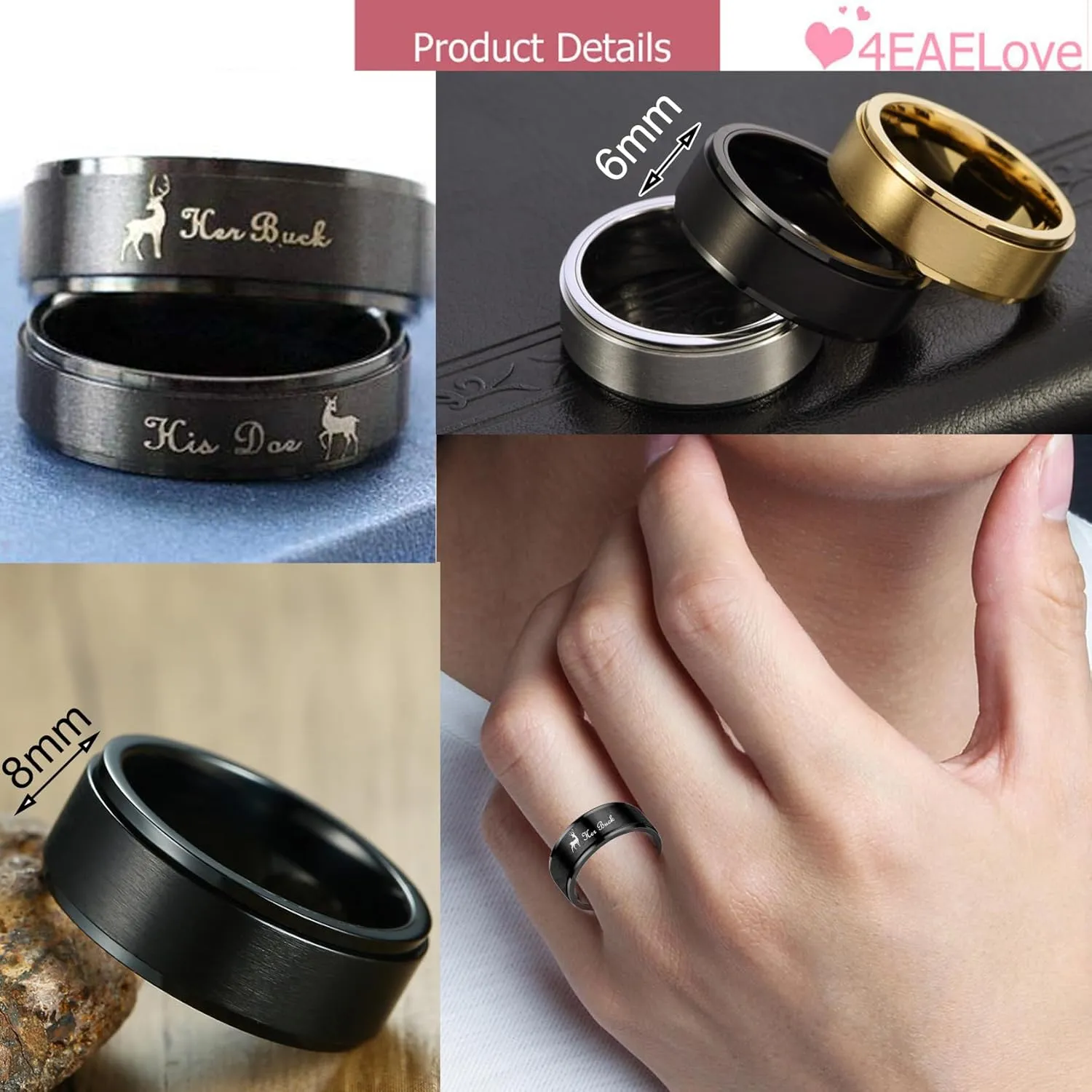 Customize Her Buck His Doe Elk Couples Rings Promise Ring Inside Can Engraved Band Rings Wedding Rings Titanium Stainless Steel 8mm 6mm 6-13#