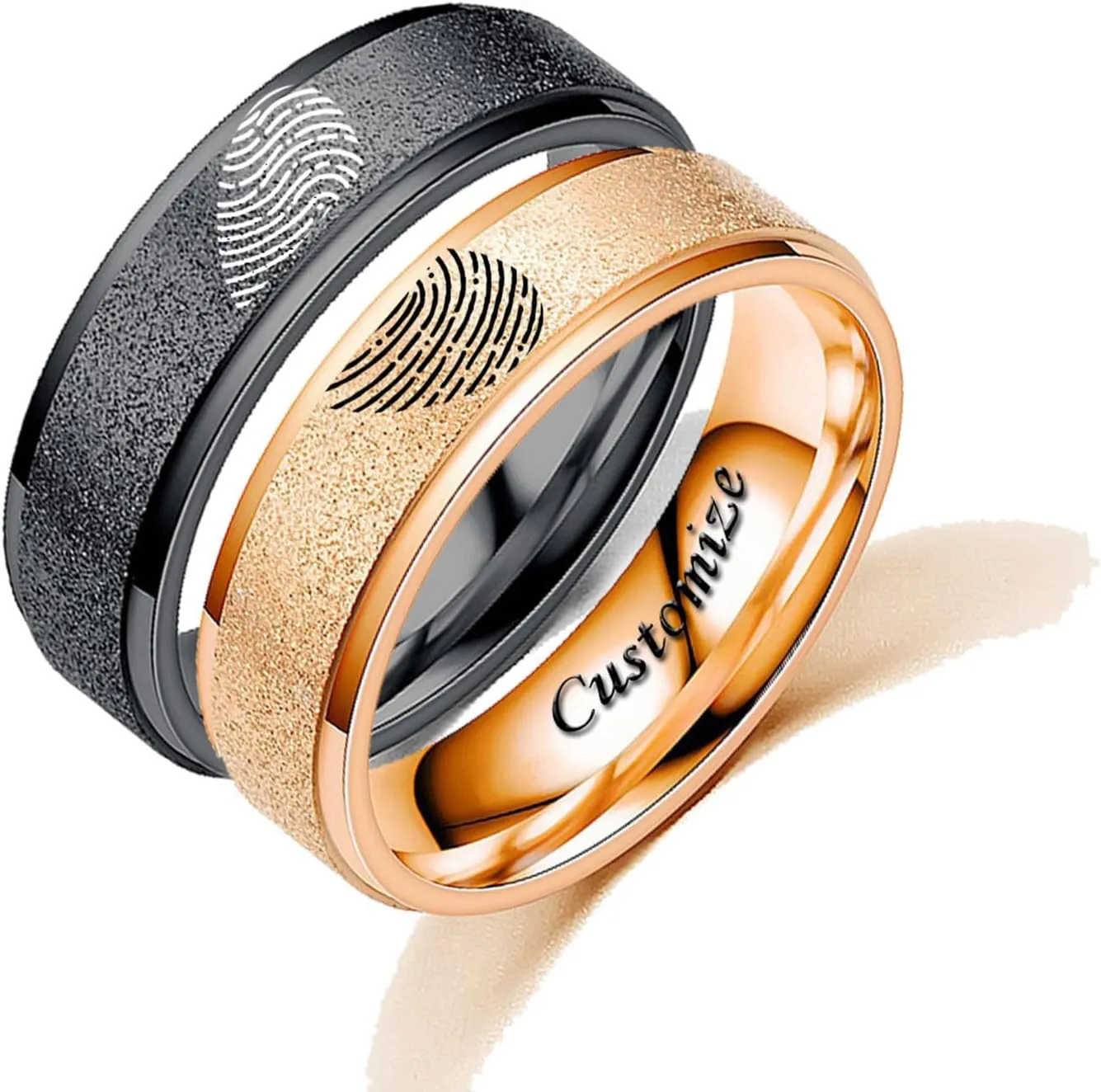 Customize Matching Heart Fingerprint Promise Rings for Couples Frosted Engraved Love Personalized Wedding Rings for Him and Her Stainless Steel Width 6mm