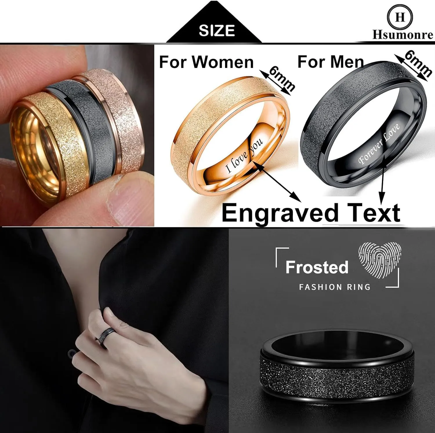 Customize Matching Heart Fingerprint Promise Rings for Couples Frosted Engraved Love Personalized Wedding Rings for Him and Her Stainless Steel Width 6mm