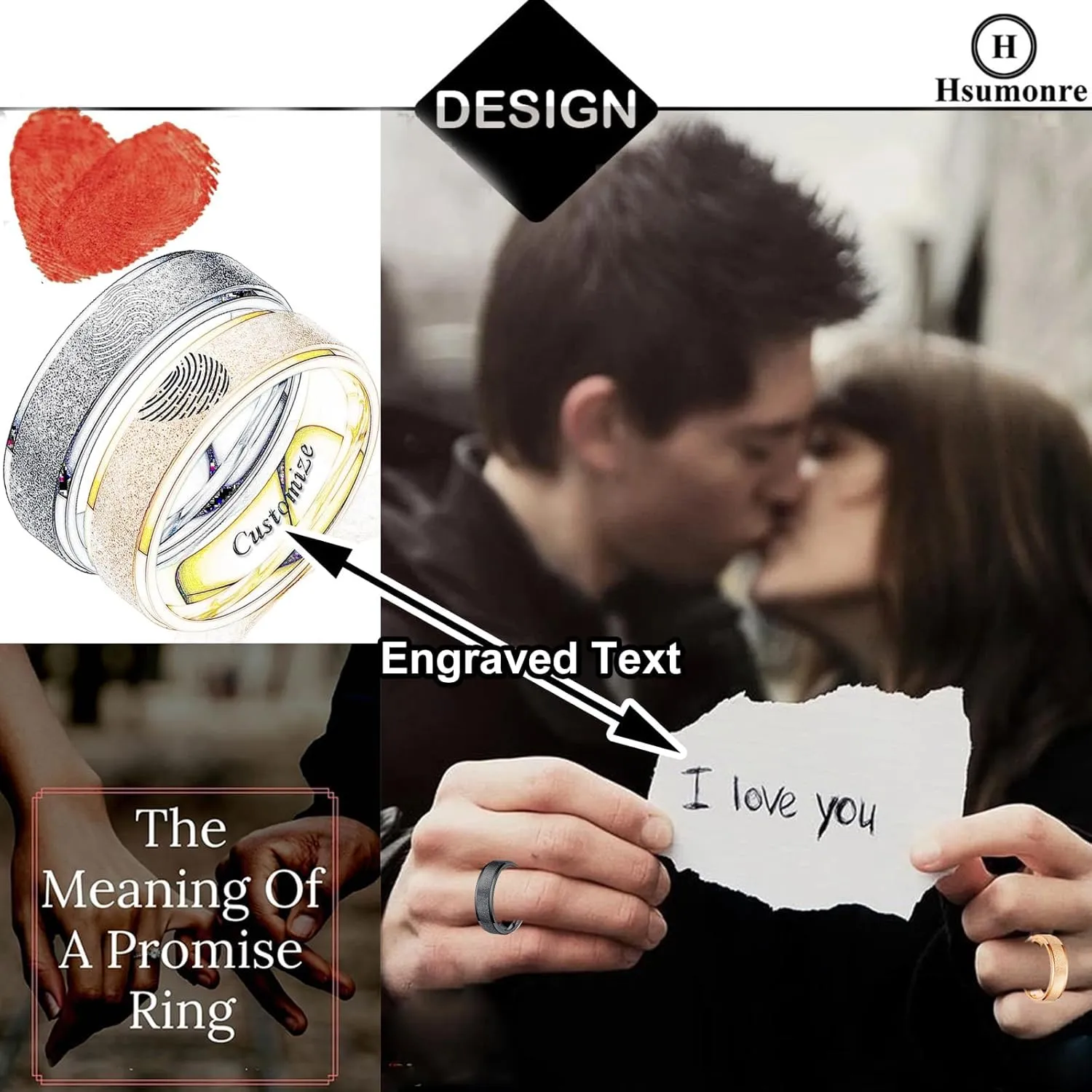 Customize Matching Heart Fingerprint Promise Rings for Couples Frosted Engraved Love Personalized Wedding Rings for Him and Her Stainless Steel Width 6mm