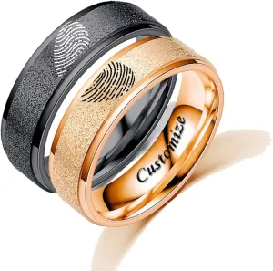 Customize Matching Heart Fingerprint Promise Rings for Couples Frosted Engraved Love Personalized Wedding Rings for Him and Her Stainless Steel Width 6mm