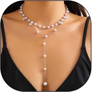 Dainty Imitation Pearl Necklace for Women Layered Stacked Pearl Necklace White Pearl Beadeds Choker Necklace Y-Shaped Pearl Pendant Long Necklace Simple Wedding Birthday Gifts Bridesmaid Charm Jewelry