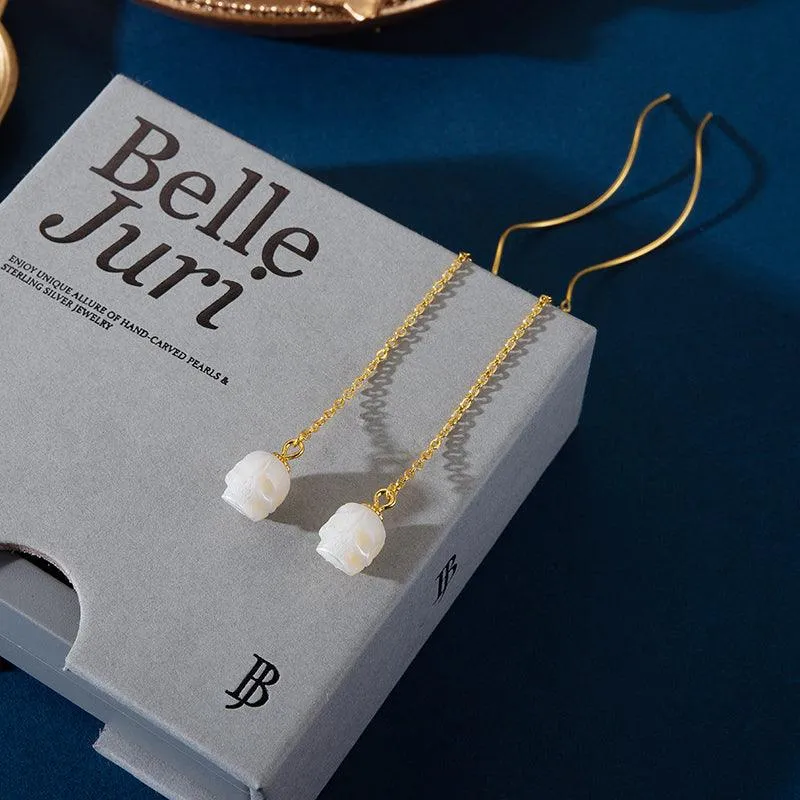 Dainty Squiggle Pearl Skull Threader Earrings