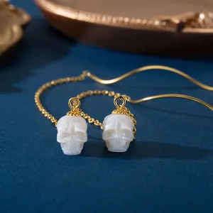 Dainty Squiggle Pearl Skull Threader Earrings