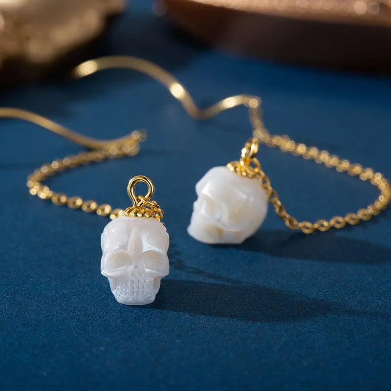 Dainty Squiggle Pearl Skull Threader Earrings