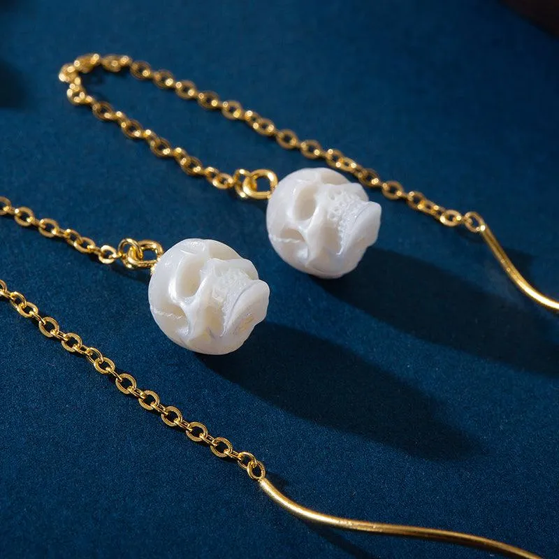 Dainty Squiggle Pearl Skull Threader Earrings