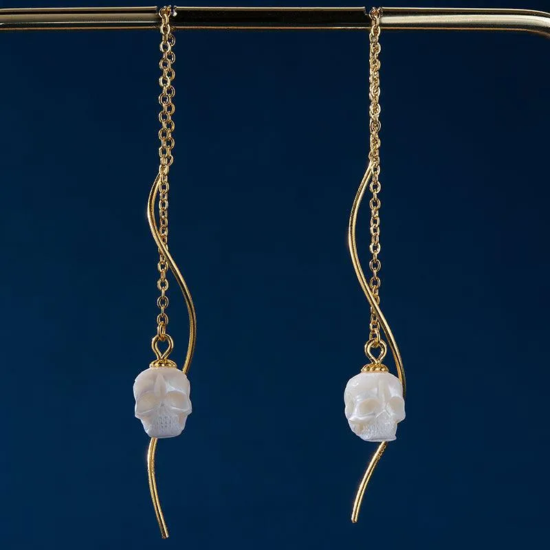 Dainty Squiggle Pearl Skull Threader Earrings