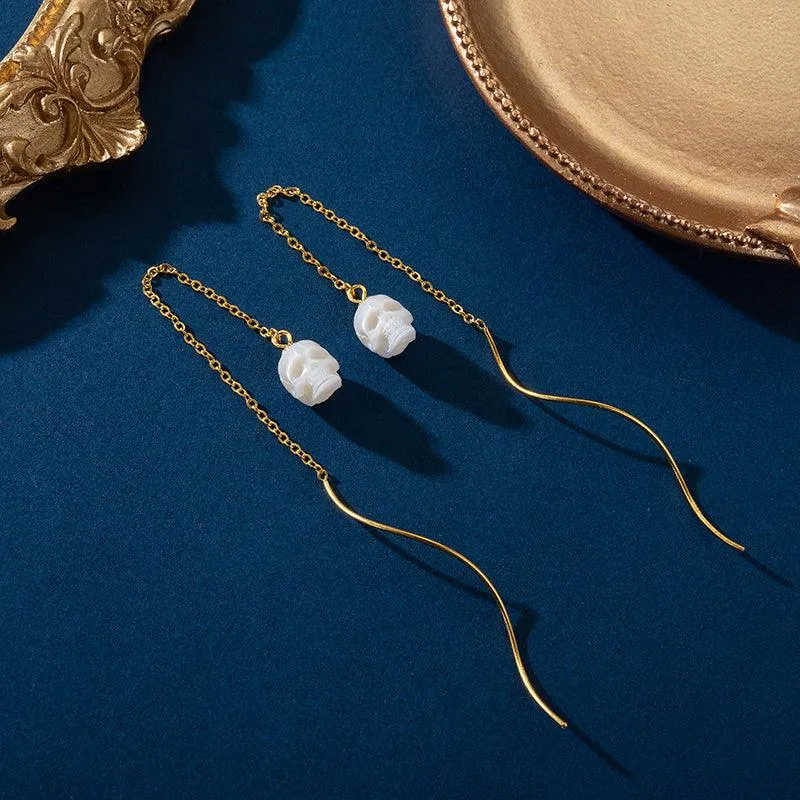 Dainty Squiggle Pearl Skull Threader Earrings