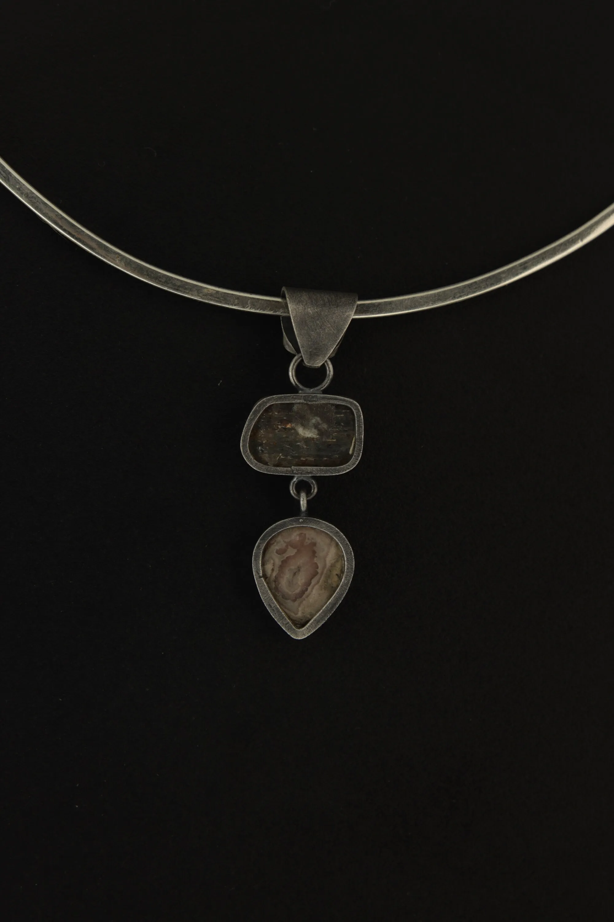 Dangling Silver Pendant with Herkimer Diamond Bail, River Tumbled Australian Gem Aquamarine, Rhodochrosite Tear, Oxidized Distressed Texture