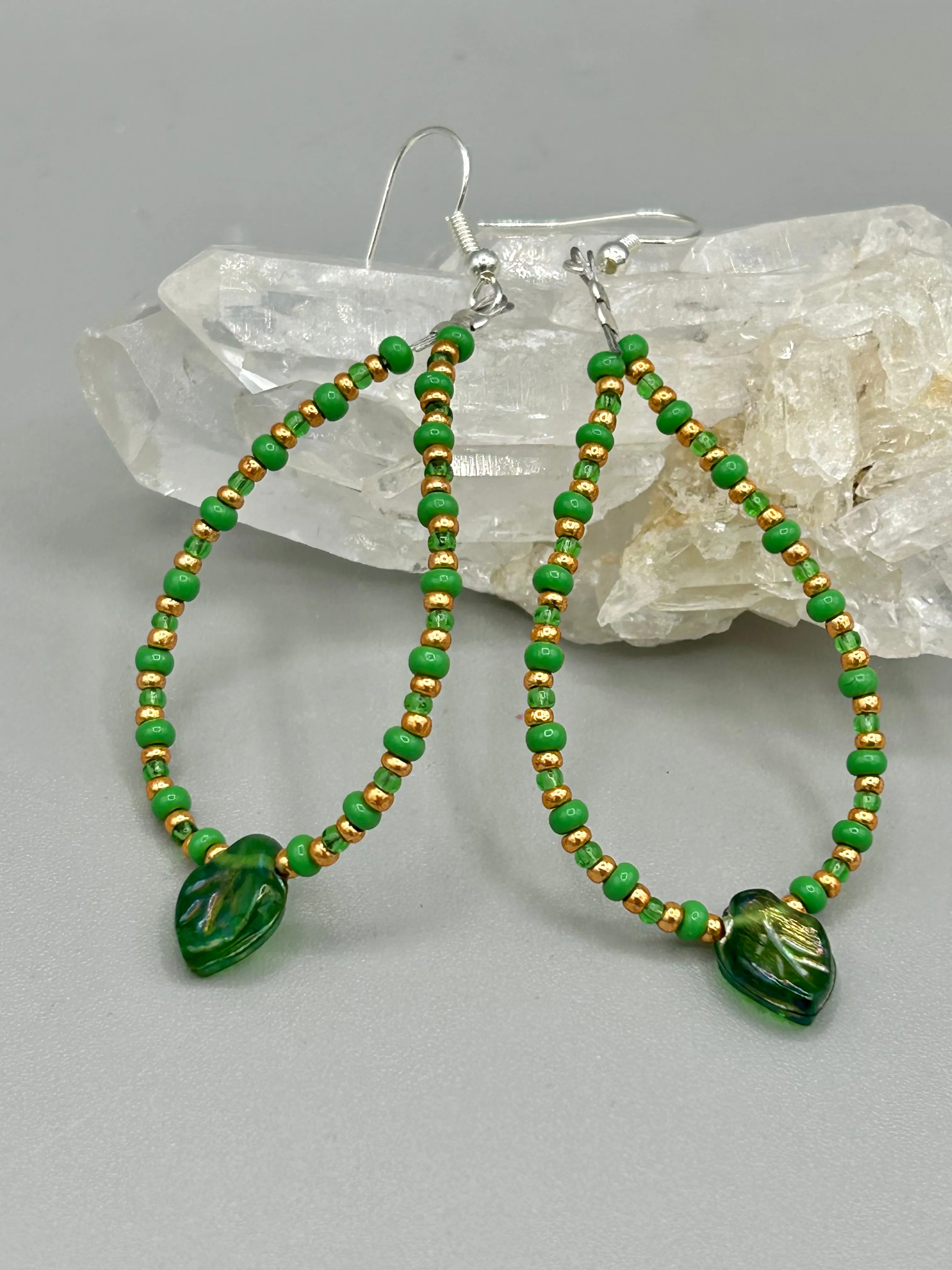Dark Green Tone Pressed Glass Leaf Charm Beaded Hoop Earrings, Hippie Vibe, Shabby Chic, Boho Chic, Nature Inspired, Bohemian