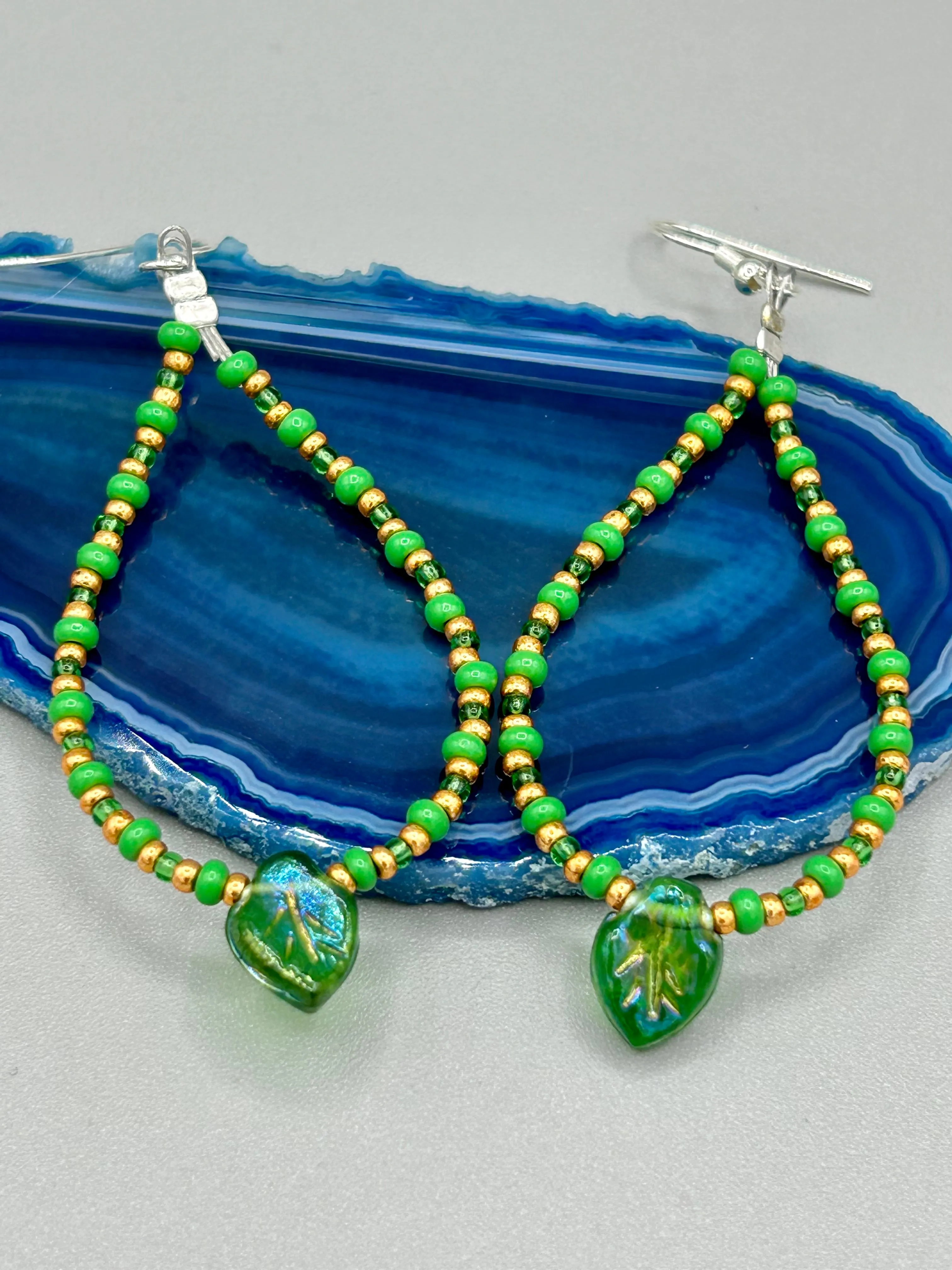 Dark Green Tone Pressed Glass Leaf Charm Beaded Hoop Earrings, Hippie Vibe, Shabby Chic, Boho Chic, Nature Inspired, Bohemian