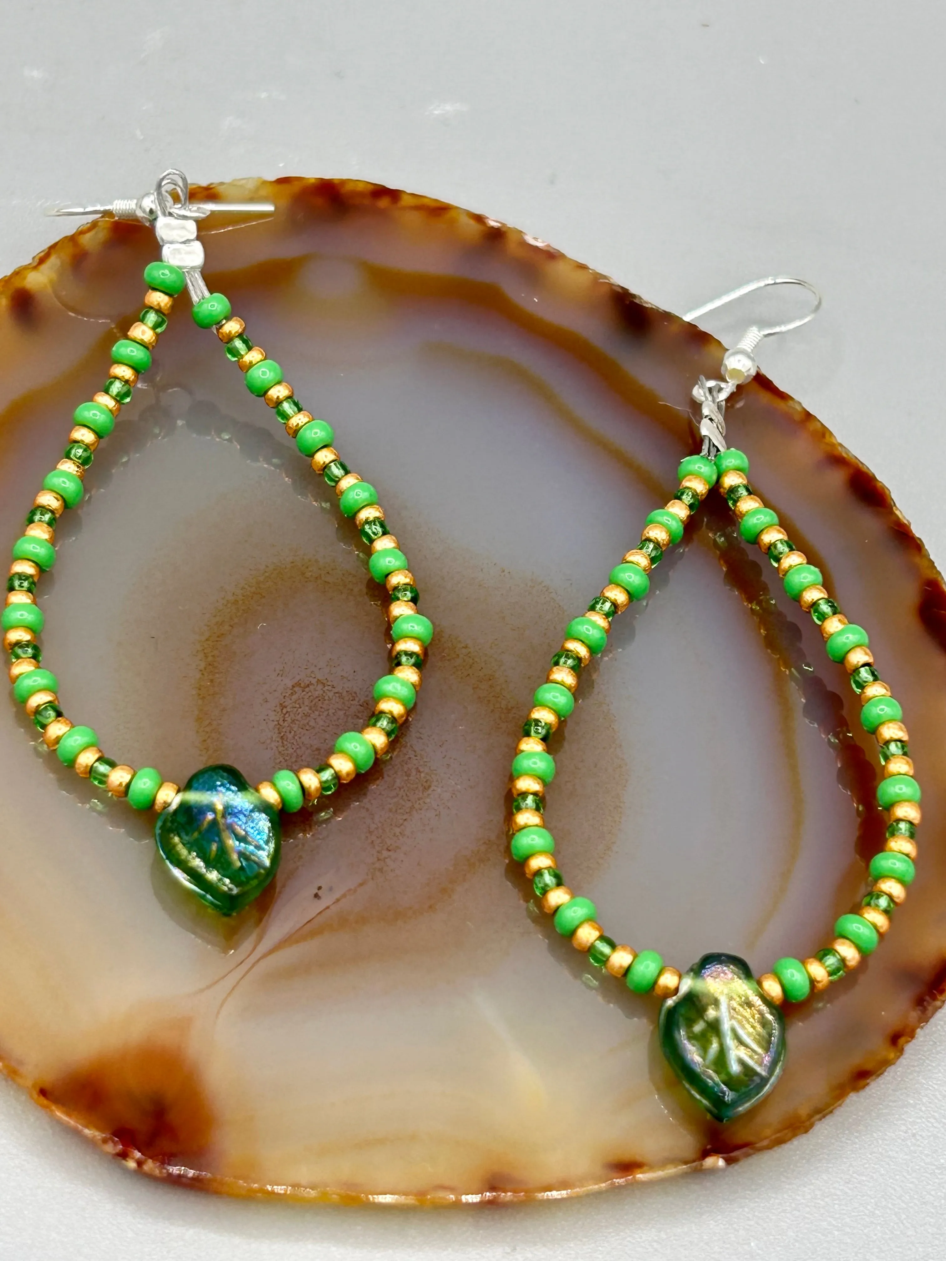 Dark Green Tone Pressed Glass Leaf Charm Beaded Hoop Earrings, Hippie Vibe, Shabby Chic, Boho Chic, Nature Inspired, Bohemian