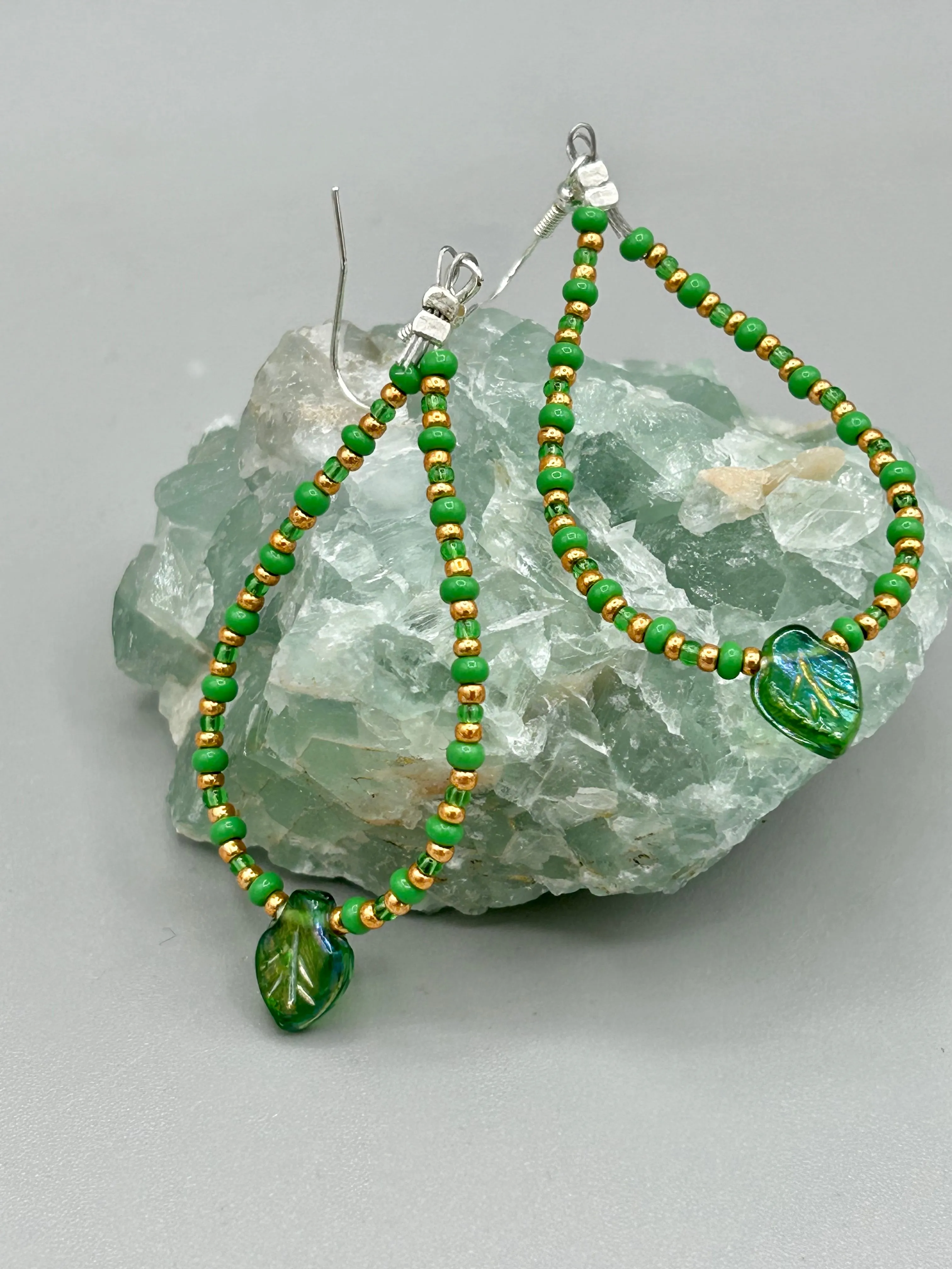 Dark Green Tone Pressed Glass Leaf Charm Beaded Hoop Earrings, Hippie Vibe, Shabby Chic, Boho Chic, Nature Inspired, Bohemian