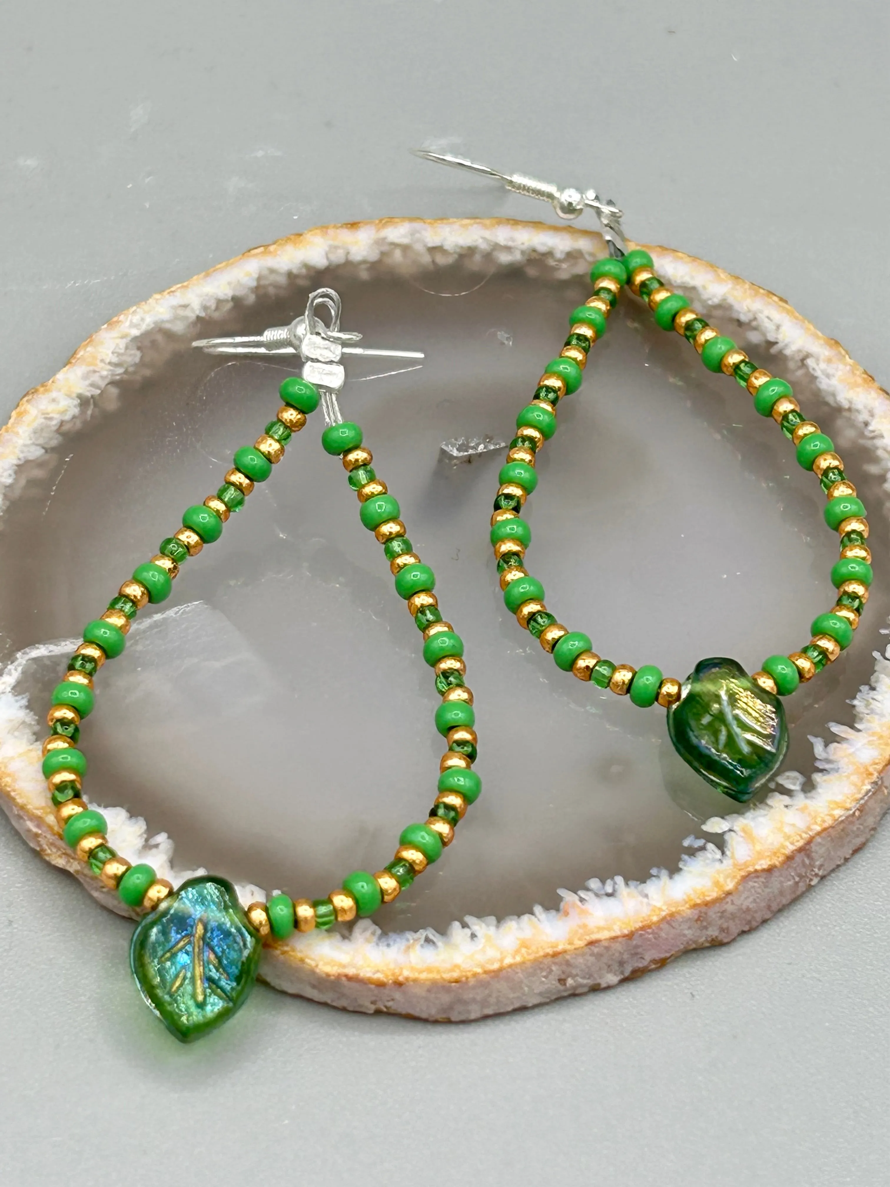 Dark Green Tone Pressed Glass Leaf Charm Beaded Hoop Earrings, Hippie Vibe, Shabby Chic, Boho Chic, Nature Inspired, Bohemian