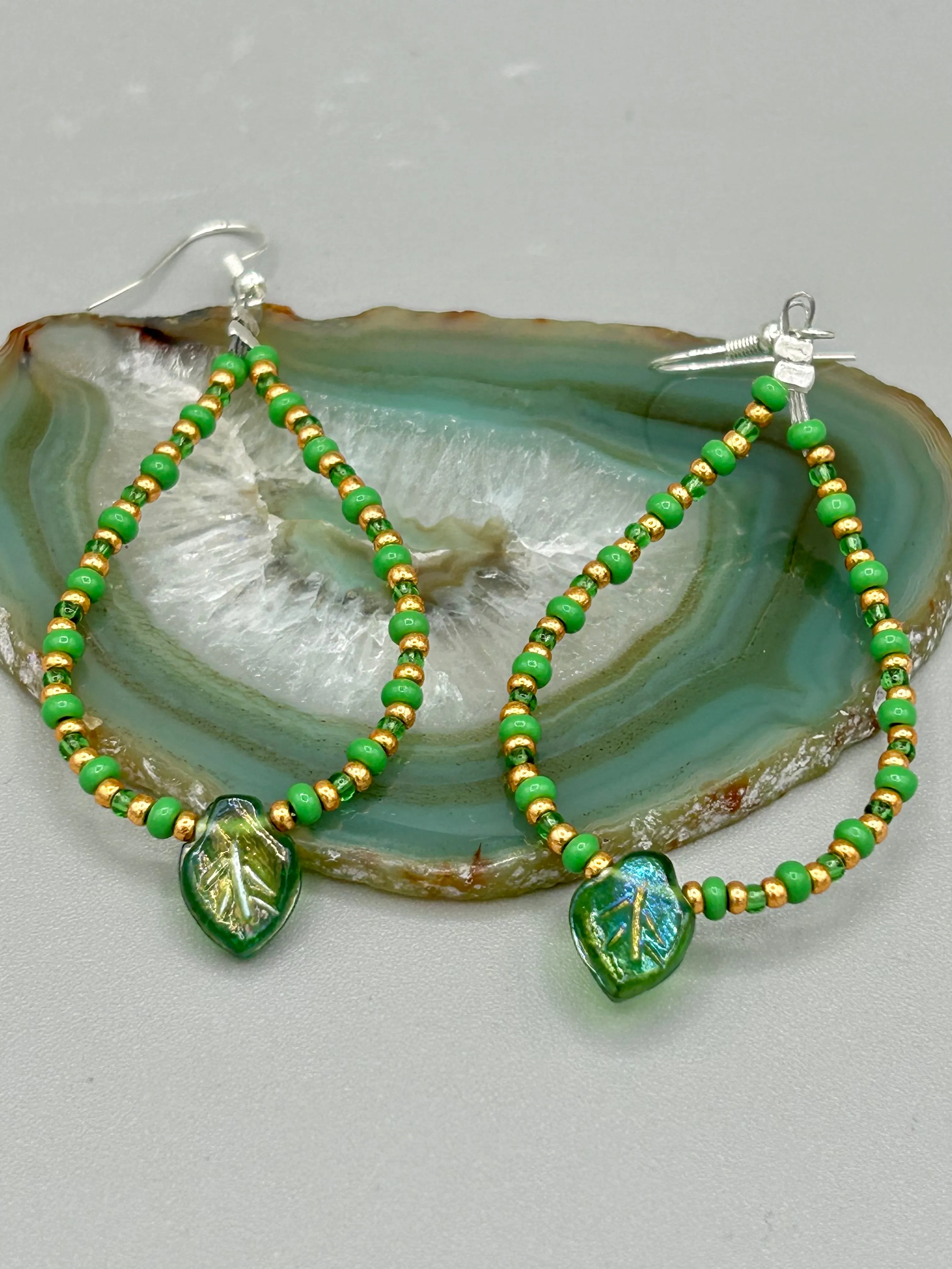 Dark Green Tone Pressed Glass Leaf Charm Beaded Hoop Earrings, Hippie Vibe, Shabby Chic, Boho Chic, Nature Inspired, Bohemian