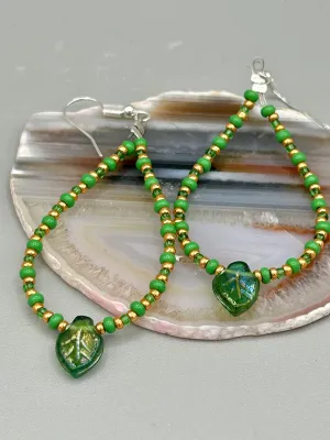 Dark Green Tone Pressed Glass Leaf Charm Beaded Hoop Earrings, Hippie Vibe, Shabby Chic, Boho Chic, Nature Inspired, Bohemian