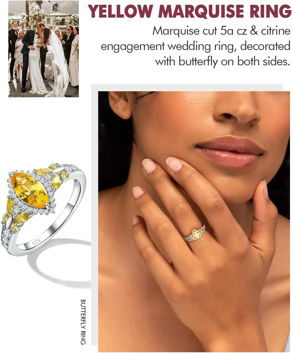 DAYBYDAY Butterfly Birthstone Rings for Women, 925 Sterling Silver Created Gemstone 5A Cubic Zirconia Cushion/Marquise Engagement Ring, 2ct Halo Promise Rings for Her Anniversary Wedding Jewerly