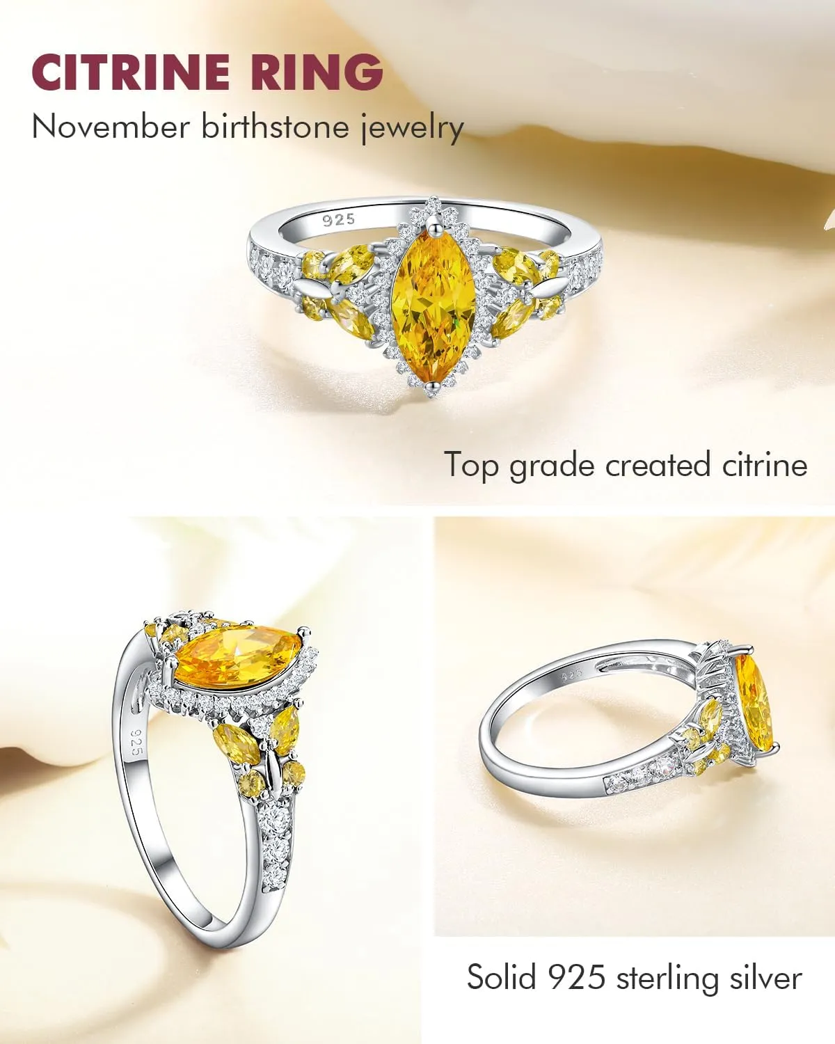 DAYBYDAY Butterfly Birthstone Rings for Women, 925 Sterling Silver Created Gemstone 5A Cubic Zirconia Cushion/Marquise Engagement Ring, 2ct Halo Promise Rings for Her Anniversary Wedding Jewerly