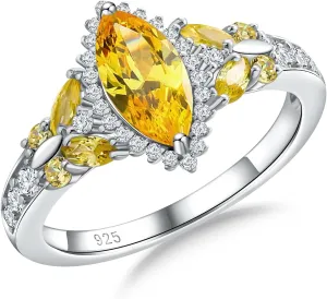 DAYBYDAY Butterfly Birthstone Rings for Women, 925 Sterling Silver Created Gemstone 5A Cubic Zirconia Cushion/Marquise Engagement Ring, 2ct Halo Promise Rings for Her Anniversary Wedding Jewerly