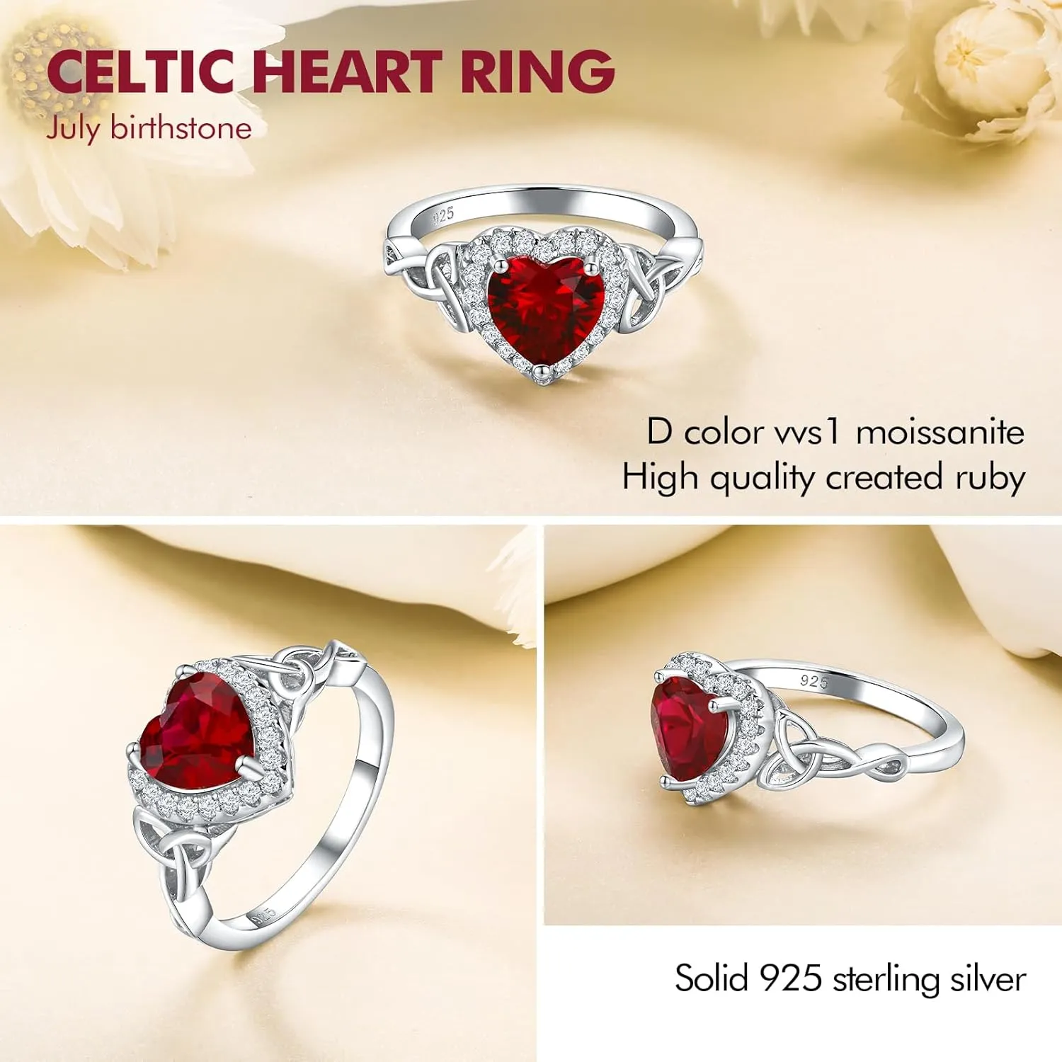 DAYBYDAY Celtic Birthstone Rings for Women 925 Sterling Silver Heart/Round/Pear/Oval Created Gemstone Moissanite Halo Engagement Promise Rings for Her Wife Birthday Anniversary Wedding Jewelry