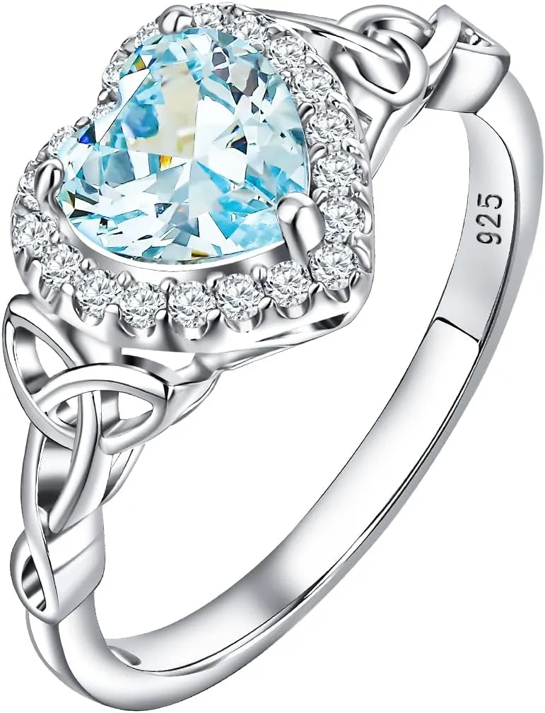 DAYBYDAY Celtic Birthstone Rings for Women 925 Sterling Silver Heart/Round/Pear/Oval Created Gemstone Moissanite Halo Engagement Promise Rings for Her Wife Birthday Anniversary Wedding Jewelry