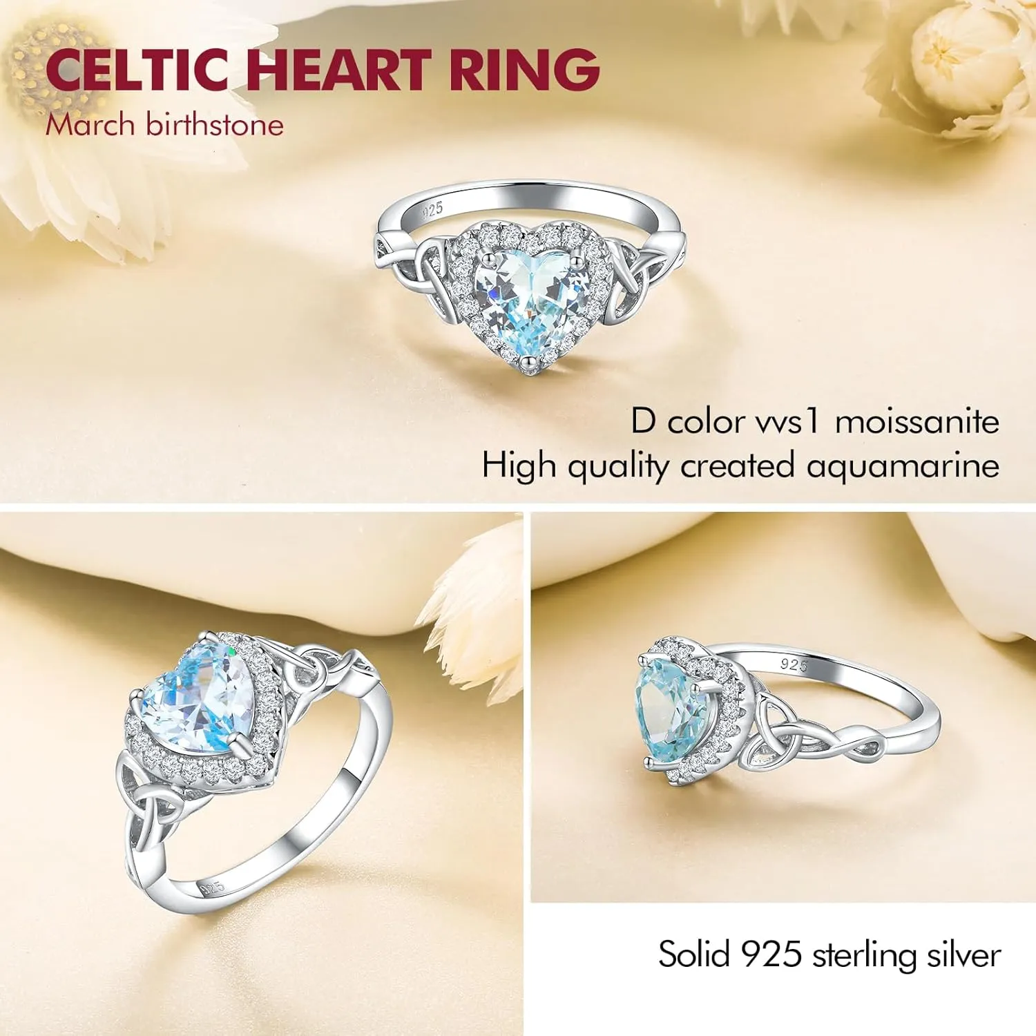 DAYBYDAY Celtic Birthstone Rings for Women 925 Sterling Silver Heart/Round/Pear/Oval Created Gemstone Moissanite Halo Engagement Promise Rings for Her Wife Birthday Anniversary Wedding Jewelry