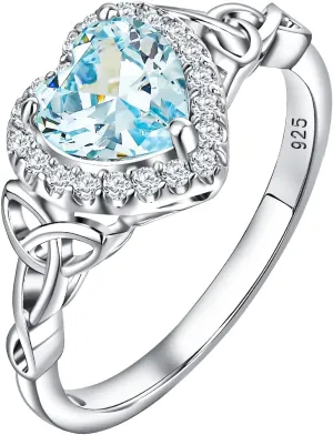 DAYBYDAY Celtic Birthstone Rings for Women 925 Sterling Silver Heart/Round/Pear/Oval Created Gemstone Moissanite Halo Engagement Promise Rings for Her Wife Birthday Anniversary Wedding Jewelry