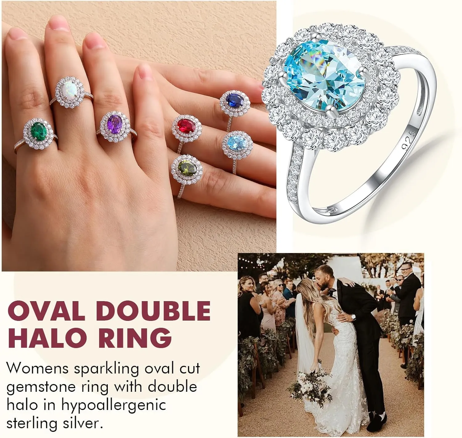 DAYBYDAY Oval Birthstone Rings for Women, 925 Sterling Silve Ruby/Sapphire/Emerald Double Halo Engagement Wedding Ring, 3ct-4ct Big Cockatil Rings