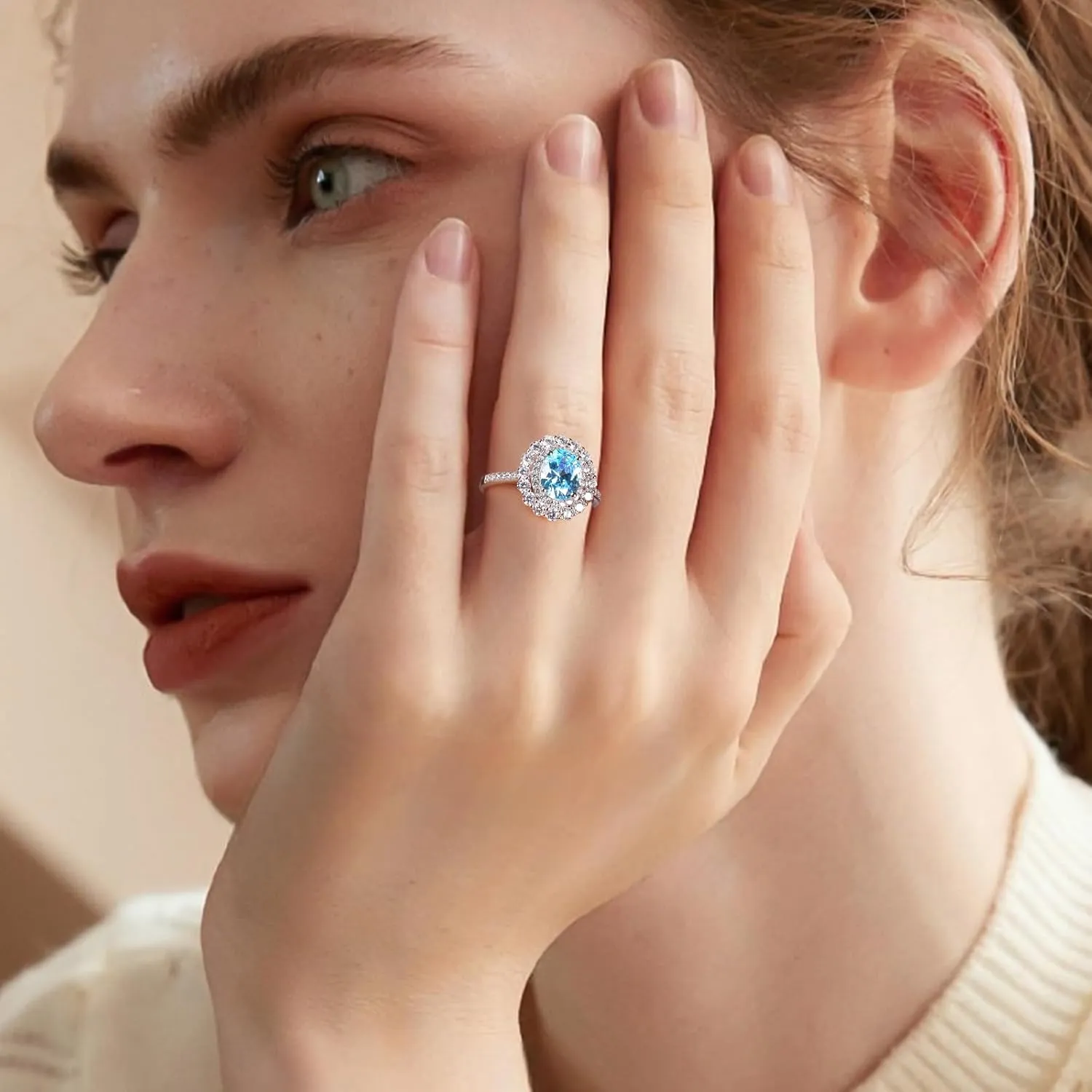 DAYBYDAY Oval Birthstone Rings for Women, 925 Sterling Silve Ruby/Sapphire/Emerald Double Halo Engagement Wedding Ring, 3ct-4ct Big Cockatil Rings