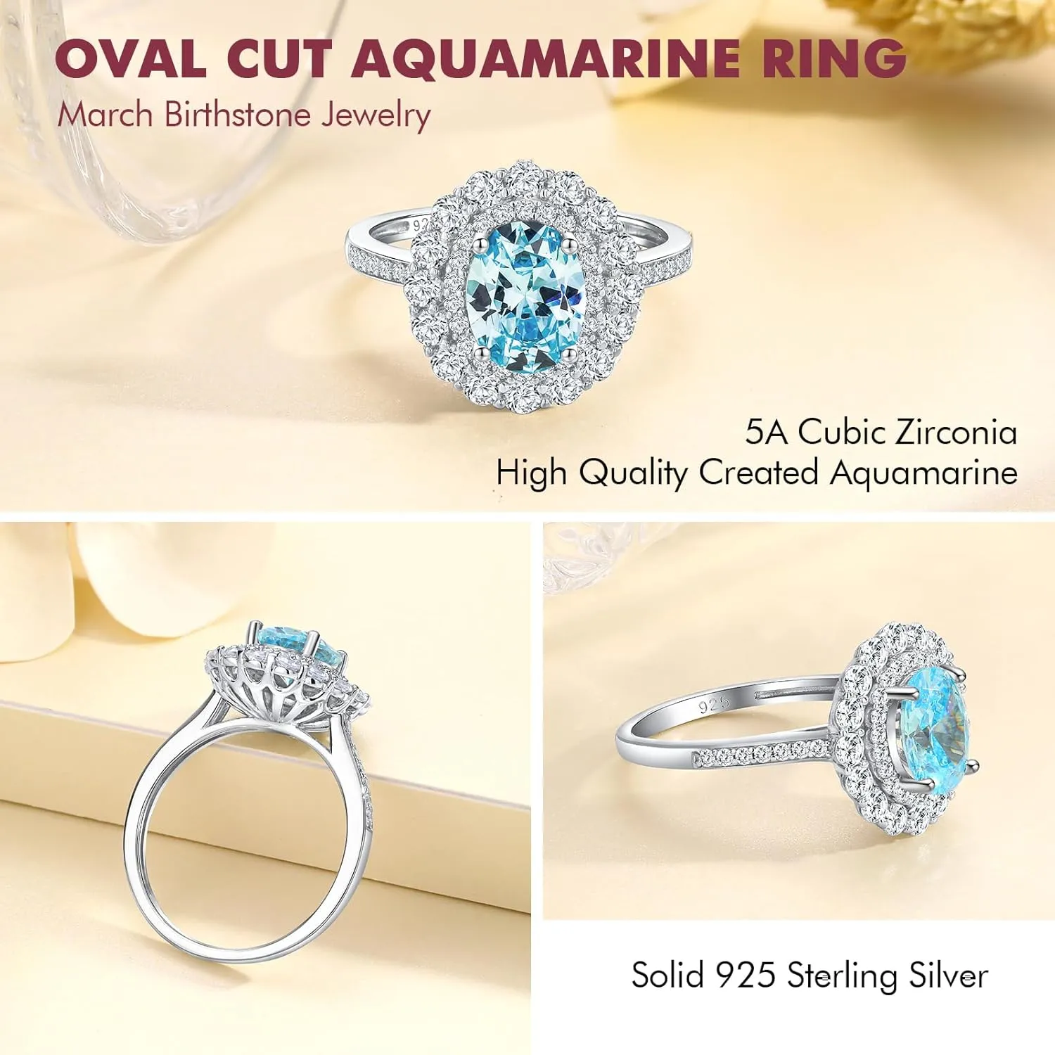 DAYBYDAY Oval Birthstone Rings for Women, 925 Sterling Silve Ruby/Sapphire/Emerald Double Halo Engagement Wedding Ring, 3ct-4ct Big Cockatil Rings
