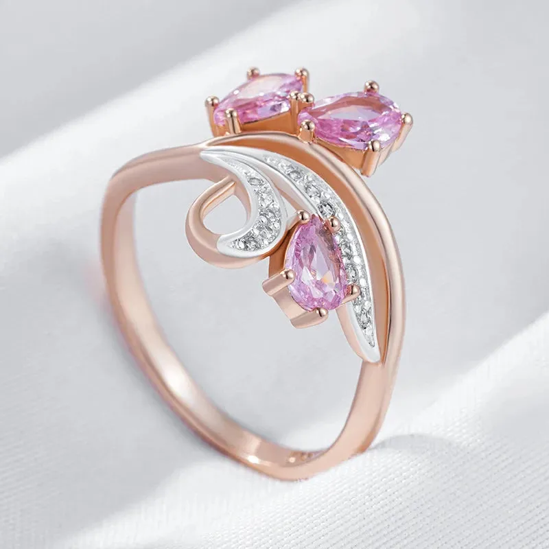 Dazzling Shiny Filled 14K Rose Gold Pink AAA  Zircon Crystals Flower Ring For Women - Fashion Daily Ethnic Jewelry