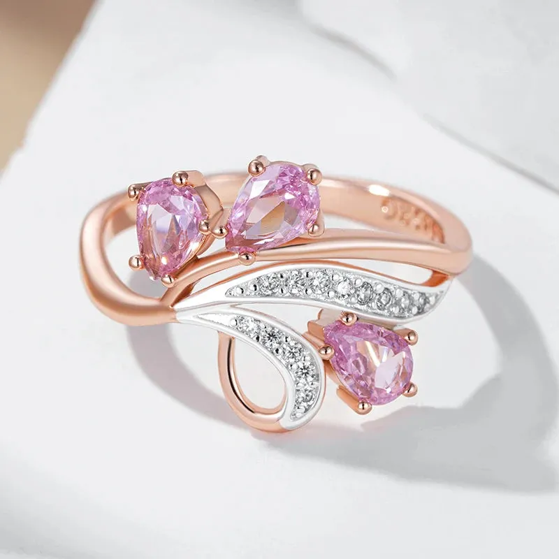 Dazzling Shiny Filled 14K Rose Gold Pink AAA  Zircon Crystals Flower Ring For Women - Fashion Daily Ethnic Jewelry