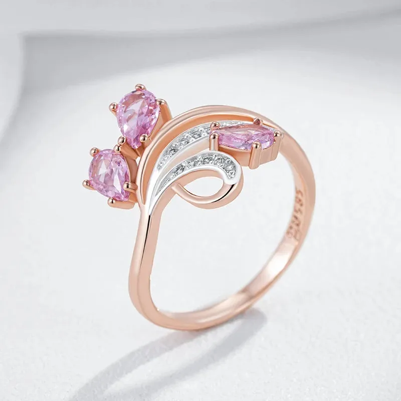 Dazzling Shiny Filled 14K Rose Gold Pink AAA  Zircon Crystals Flower Ring For Women - Fashion Daily Ethnic Jewelry