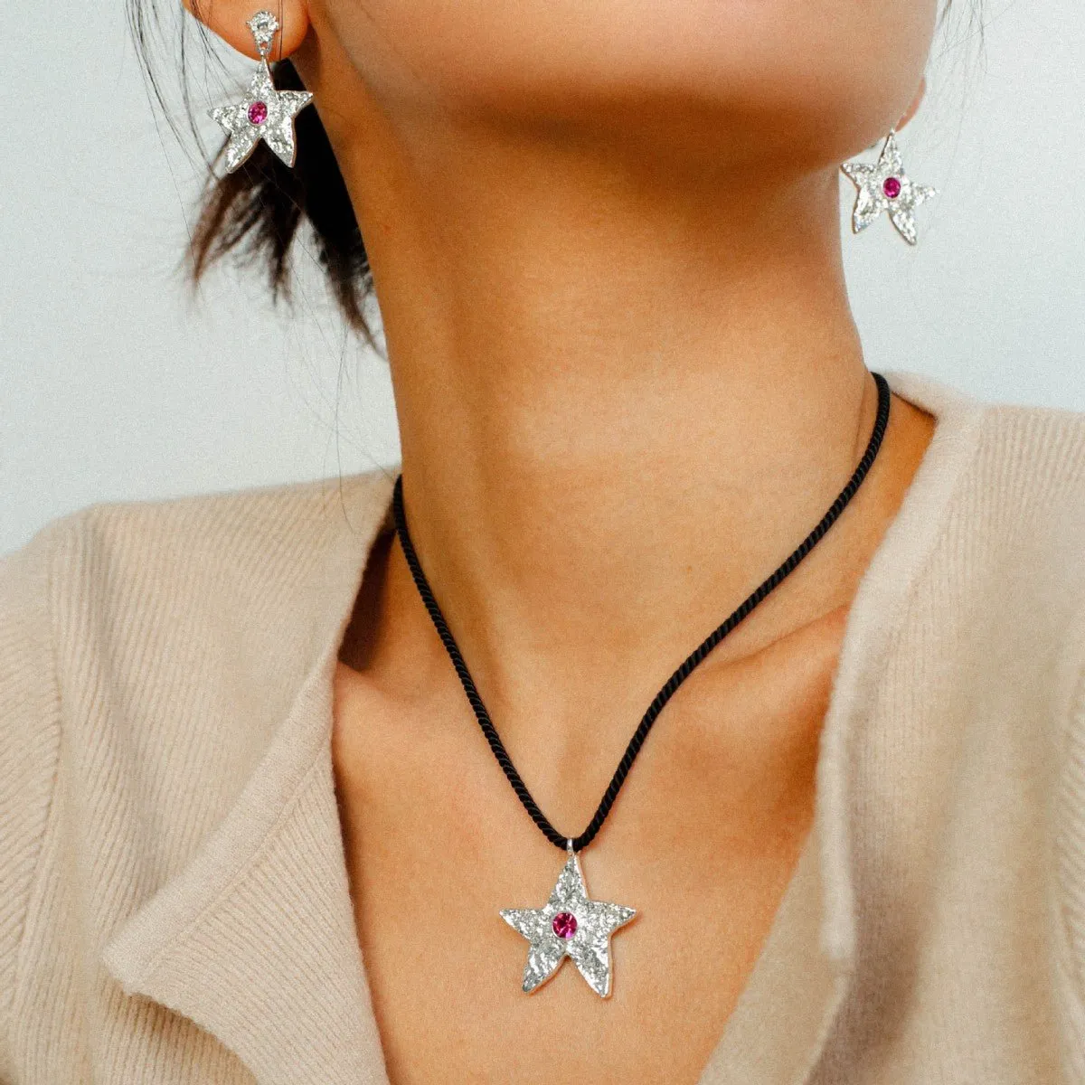 Dazzling Stars Pentagram Planet Element Necklace Black Rope Style