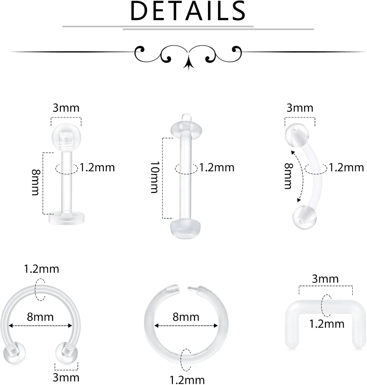 D.Bella 16G Clear Piercing Retainers Flexible Cartilage Helix Daith Rook Tragus Earring Retainer Bioflex Plastic Nose Septum Lip Eyebrow Rings Piercing Retainer