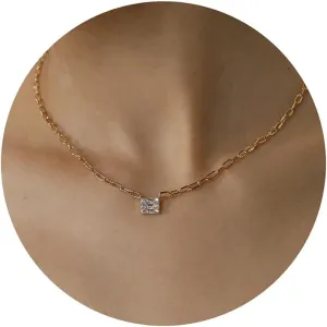 Diamond Necklaces for Women, Dainty Gld Necklace 14k Gold Plated Cute Cubic Zirconia Pendant Necklaces for Women Simple Paperclip Chain Choker Necklace Aesthetic Gold Jewelry for Women