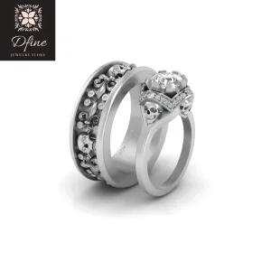 Diamond Skull Engagement Ring Matching Wedding Band Set For Couple Fleur De Lis Skull Band Solid 925 Sterling Silver
