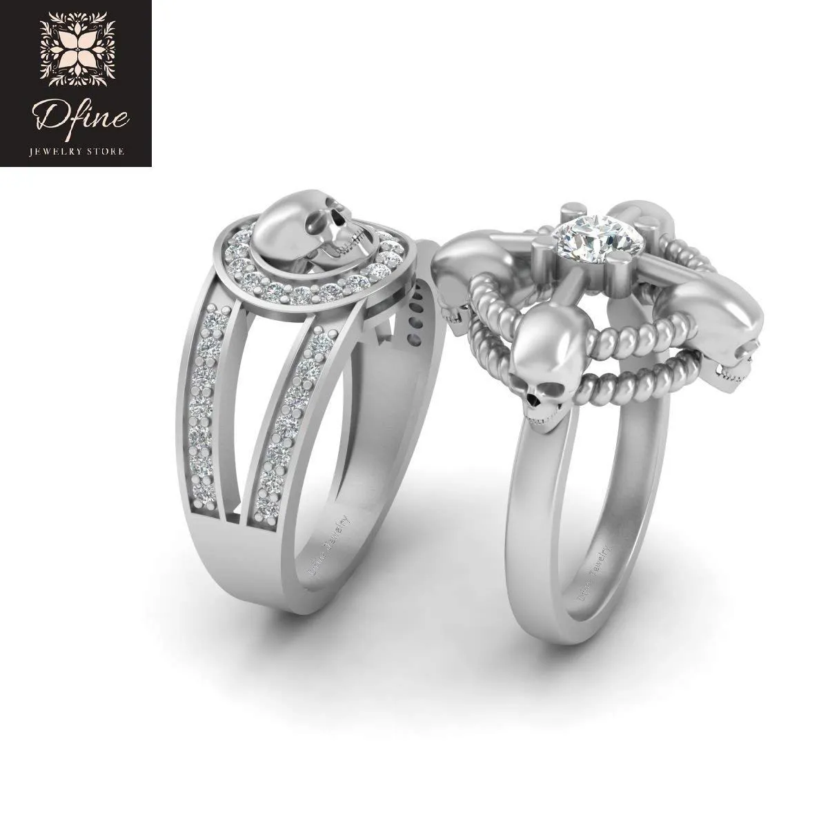 Diamond Skull Ring Set Couples Matching Wedding Rings Gothic Geeky Skull Rings Solid 925 Silver