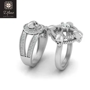 Diamond Skull Ring Set Couples Matching Wedding Rings Gothic Geeky Skull Rings Solid 925 Silver