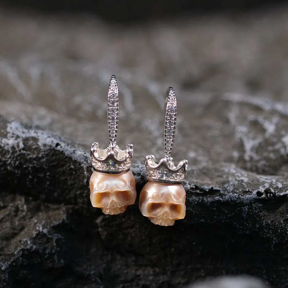 Diamond-Studded Crown Pearl Skull Earrings