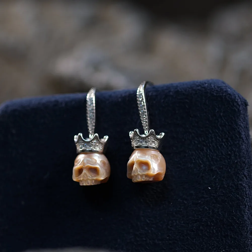 Diamond-Studded Crown Pearl Skull Earrings