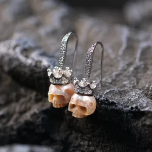 Diamond-Studded Crown Pearl Skull Earrings