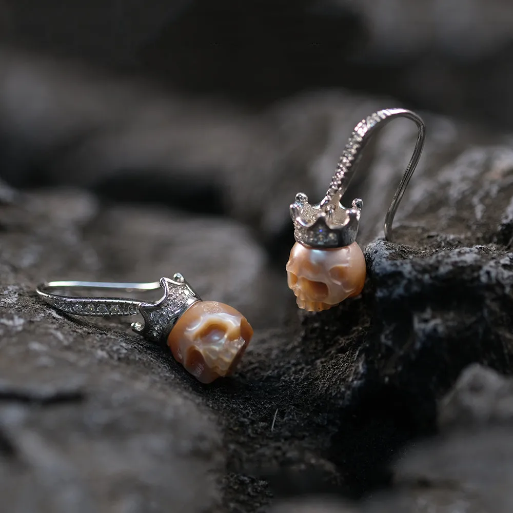 Diamond-Studded Crown Pearl Skull Earrings
