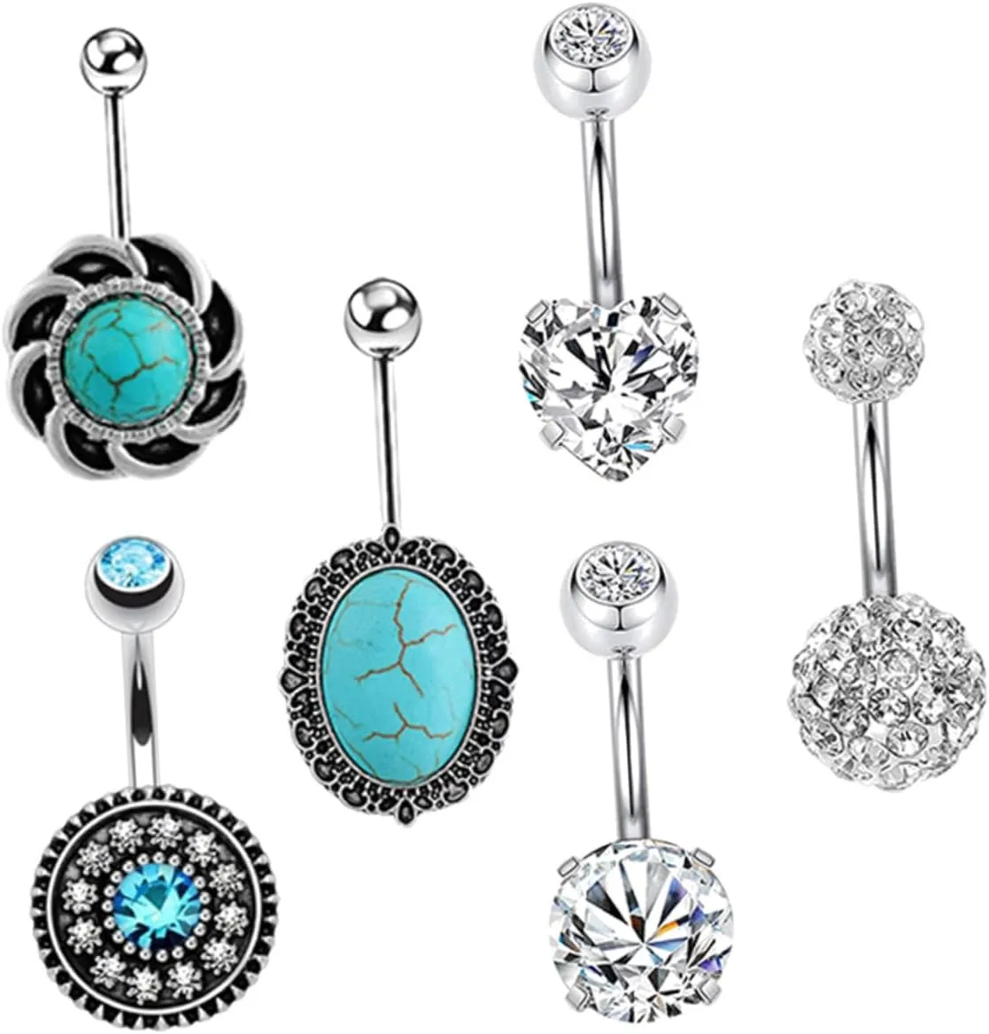 Didiseaon 6pc Set Zircon Turquoise Navel Nails Belly Button Ring Jewelry Piercing Stainless Steel