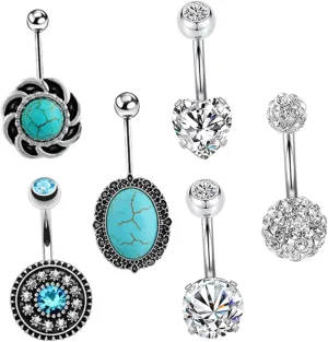 Didiseaon 6pc Set Zircon Turquoise Navel Nails Belly Button Ring Jewelry Piercing Stainless Steel