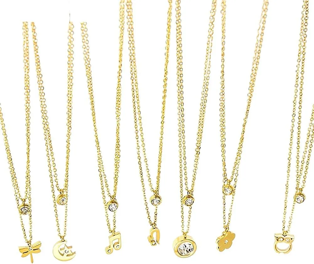 Double Layer Pendant Necklaces For Women Stainless Steel Choker Collar Luxury Cubic Golden Multlayer Jewelry PTPNU03888