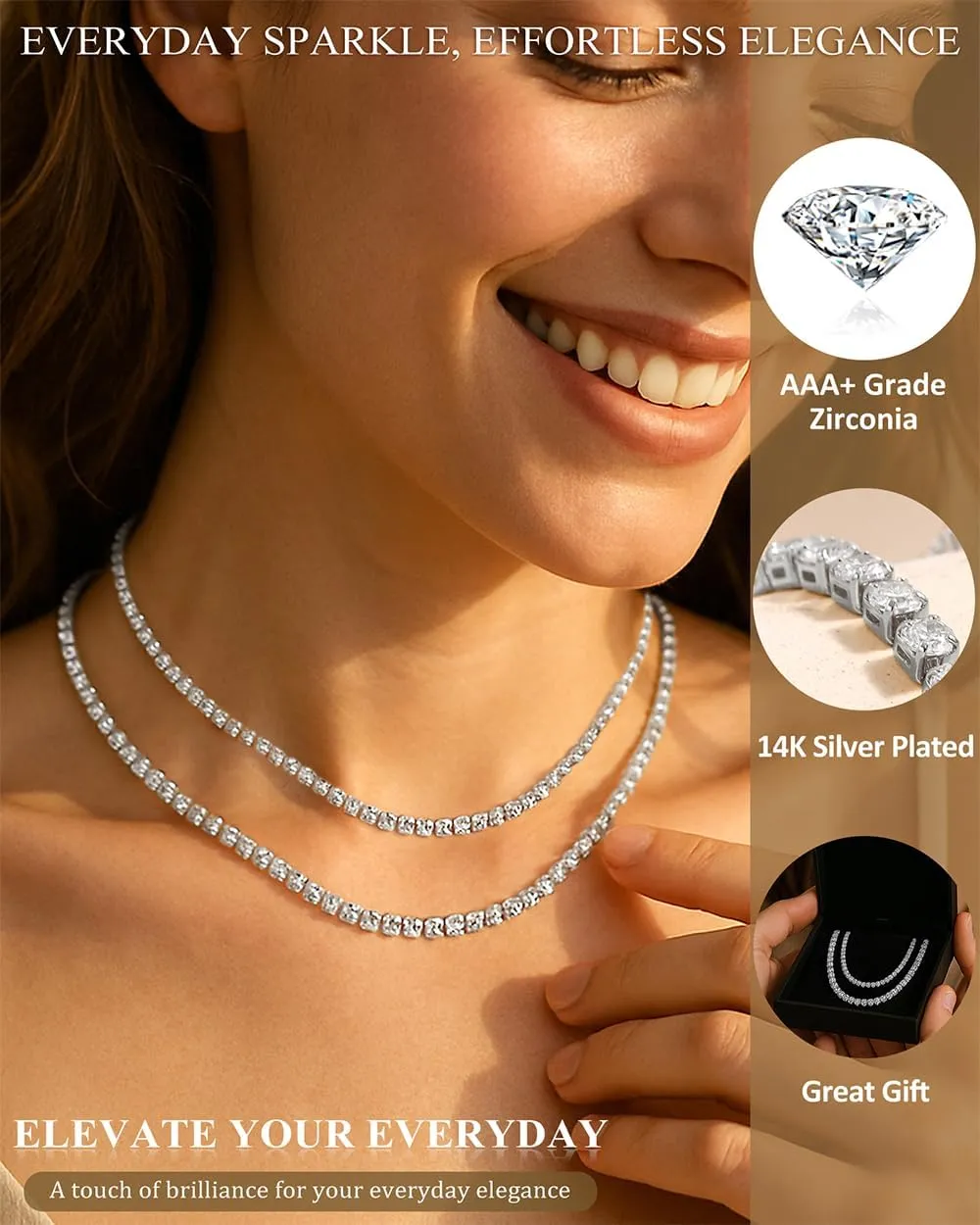 Double Layer Tennis Necklaces for Women - Dainty 14K Gold and Silver CZ Tennis Necklace Simple Tennis Chain Sparkly Cubic Zirconia Choker Necklaces for Women Trendy Bridal Wedding Prom Jewelry